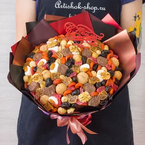 Большой подарочный букет из рахат лукума, папайи, кураги, чернослива, инжира, орехов и зефира Marshmallows для женщин в день рождения - №1283