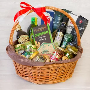 Съедобная корзина с итальянскими продуктами Filippo Berio, пастой, оливковым маслом и соусами песто - №1581